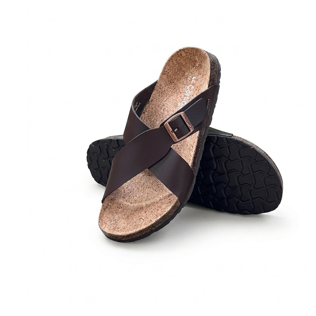 Brown Cross-Strap Cork Footbed Sandals – Classic Comfort with Modern Style